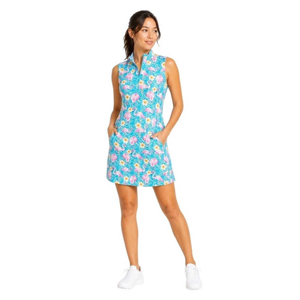 IBKÜL Womens M Blue Pink Flamingo Floral UPF‎ 50+ Quarter Zip  Golf Polo Dress